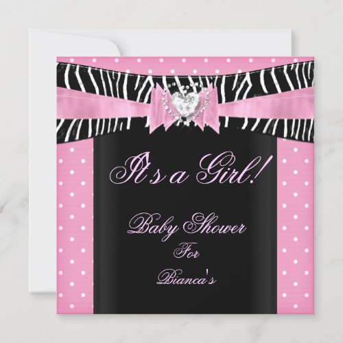 Baby Shower Girl Baby Pink Black Zebra polka dots Invitation