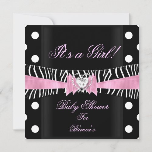 Baby Shower Girl Baby Pink Black Zebra polka dots Invitation