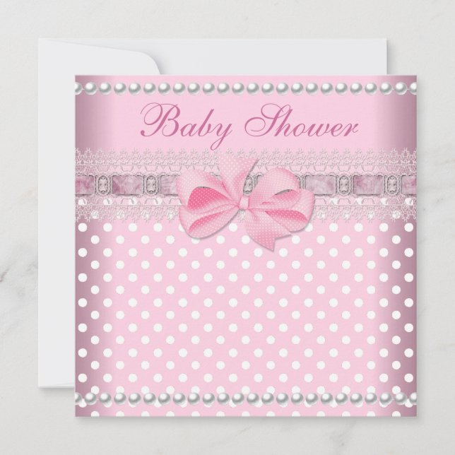 Baby Shower Girl Baby Pink Spot Pearl Lace Invitation (Front)