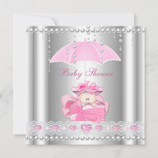 Baby Shower Girl Baby Pink Umbrella Pearl Silver Invitation