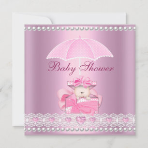 Baby Shower Girl Baby Pink Umbrella Pearl White Invitation