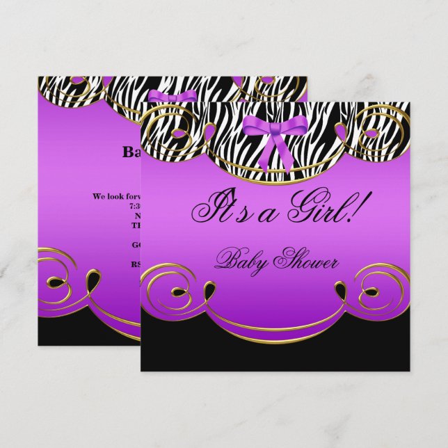Baby Shower Girl Baby Purple Black Zebra Invitation (Front/Back)