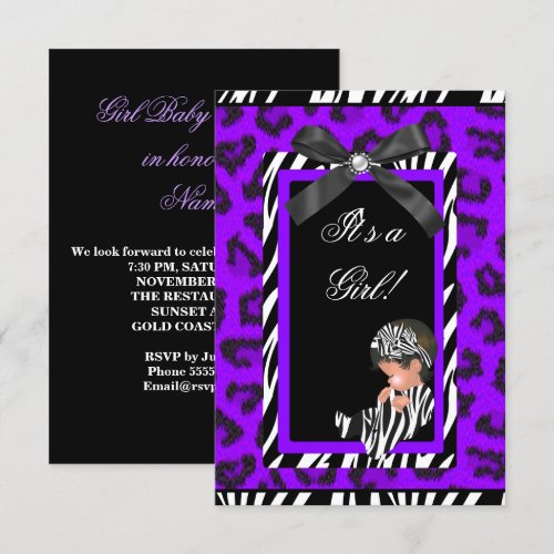 Baby Shower Girl Baby Purple Black Zebra Personalized Announcement