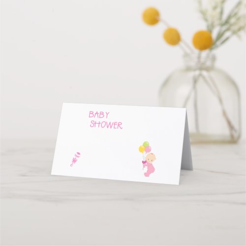 Baby Shower Girl Balloons Pink Rattle Place Card