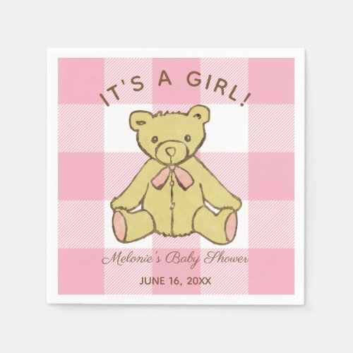Baby Shower Girl Bear with Name and Date Napkins