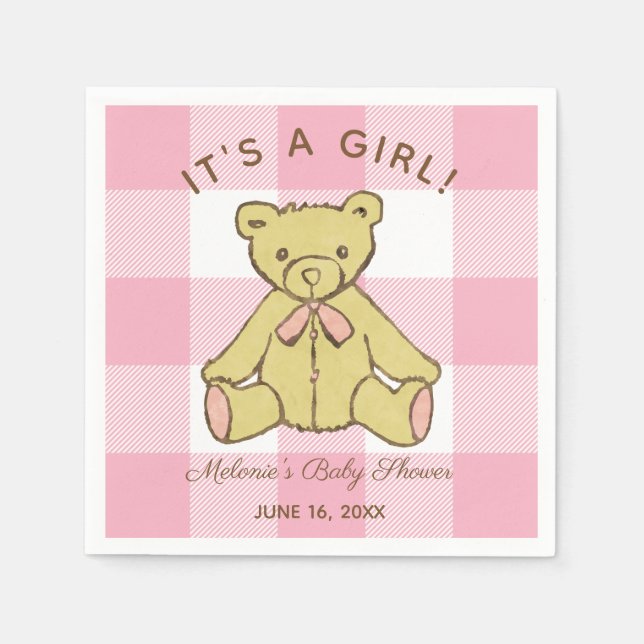 Baby Shower Girl Bear with Name and Date Napkins (Front)