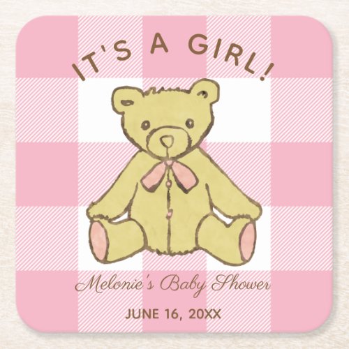 Baby Shower Girl Bear with Name and Date Square Paper Coaster