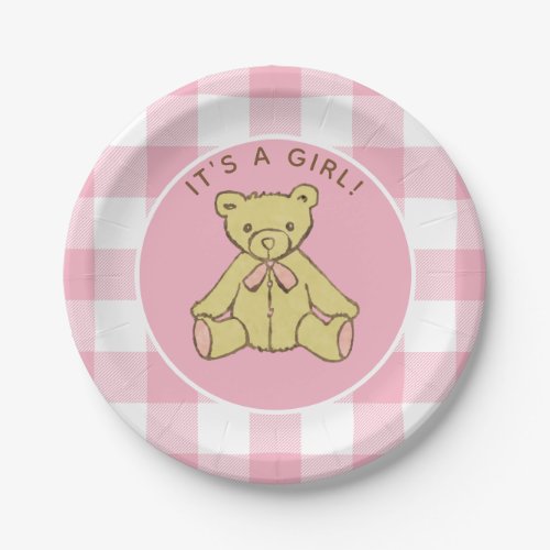 Baby Shower Girl Bear with Pink Buffalo Check Paper Plates