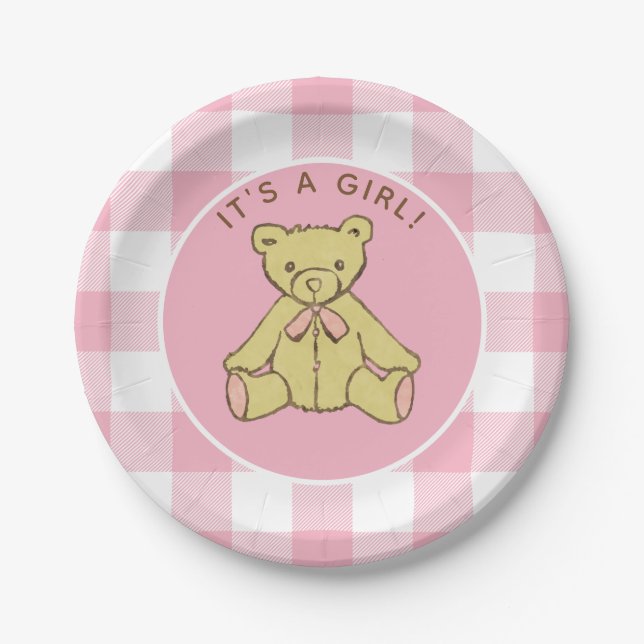 Baby Shower Girl Bear with Pink Buffalo Check Paper Plates (Front)