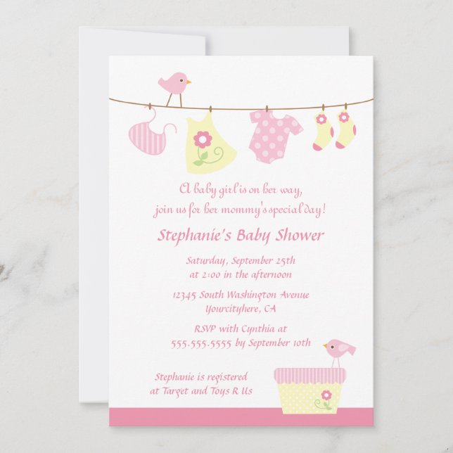 Baby shower girl birds laundry party invitation (Front)