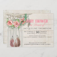 Baby Shower Girl BOHO Dream Catcher Shiplap Wood Invitation