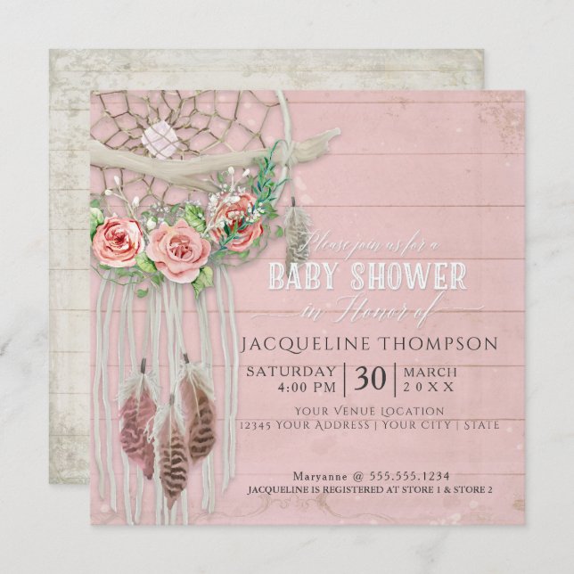 Baby Shower Girl BOHO Dream Catcher Wood Feather Invitation (Front/Back)
