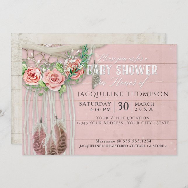 Baby Shower Girl BOHO Dream Catcher Wood Floral Invitation (Front/Back)