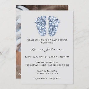 Baby Shower Girl Boy Feet Glitter Photo Blue Gray Invitation