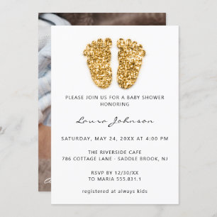 Baby Shower Girl Boy Feet Glitter Photo Gold Invitation