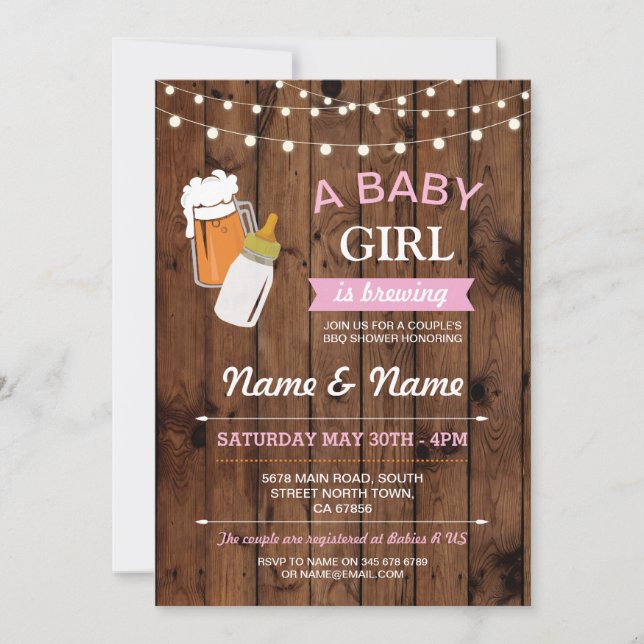 Baby Shower Girl Brewing Beer Pink BBQ Wood Invite (Front)