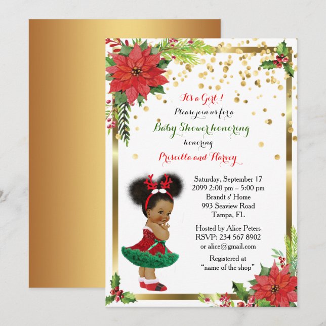 Baby Shower GIRL, Christmas,white & gold_Ebony Invitation (Front/Back)