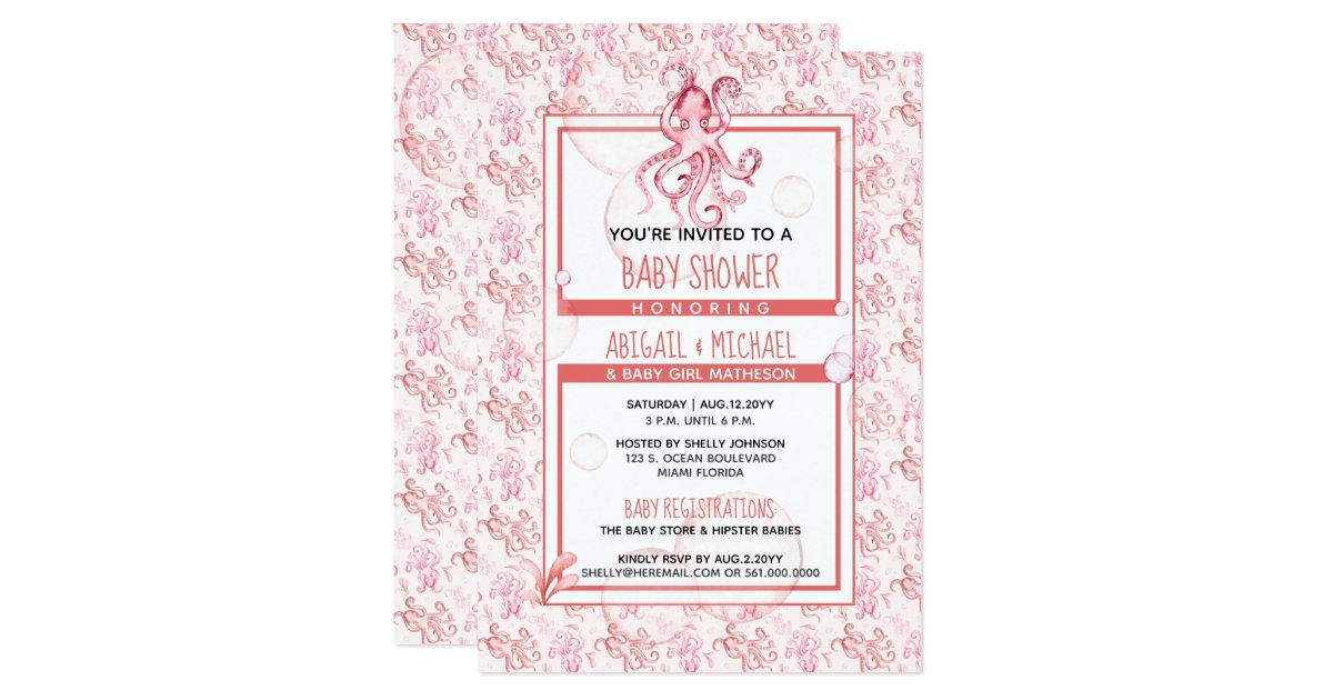 Baby Shower Girl Coral Pink Watercolor Octopus Invitation