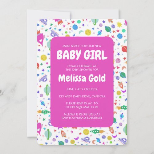 BABY SHOWER GIRL Cute Space Rockets Pattern CUSTOM Invitation