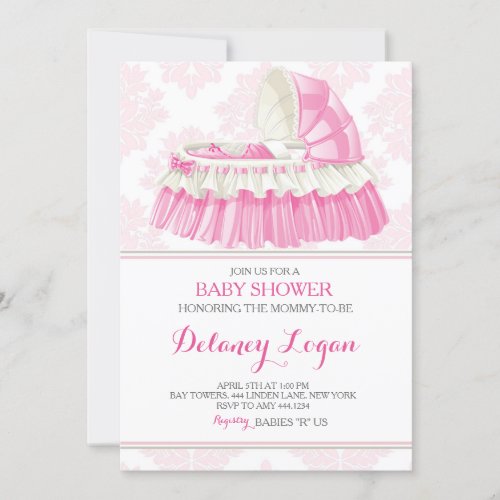 Baby Shower Girl Damask Bassinet Invitation