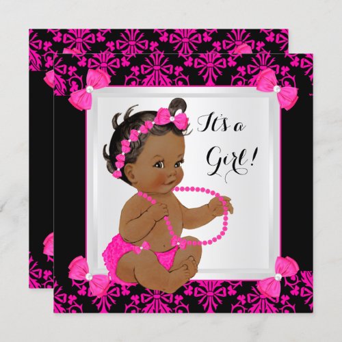 Baby Shower Girl Damask Hot Pink Black Ethnic Invitation