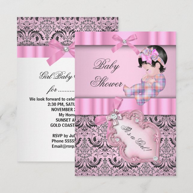 Baby Shower Girl Damask Pink Gray Invitation (Front/Back)