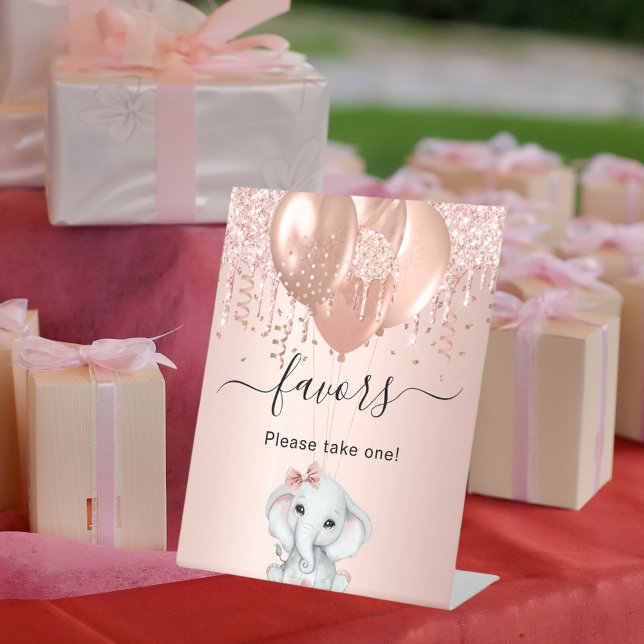 Baby Shower girl elephant rose gold balloons favor Pedestal Sign (Creator Uploaded)