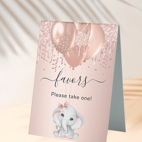 Baby Shower girl elephant rose gold balloons favor Table Tent Sign