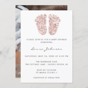 Baby Shower Girl Feet Glitter Rose Photo White Invitation
