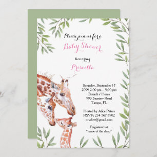 Baby Shower GIRL, giraffe, white, almond, leaves Invitation