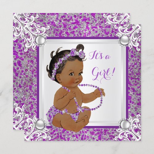 Baby Shower Girl Glitter Purple Silver Lace Ethnic Invitation
