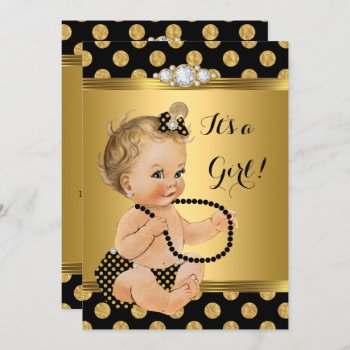 Baby Shower Girl Gold Foil Black Pearls Blonde Invitation by VintageBabyShop at Zazzle
