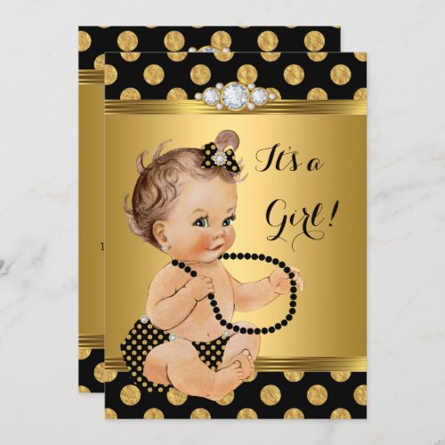 Baby Shower Girl Gold Foil Black Pearls Brunette Invitation