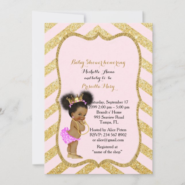 Baby Shower GIRL,golden chevron,white & gold_Ebony Invitation (Front)