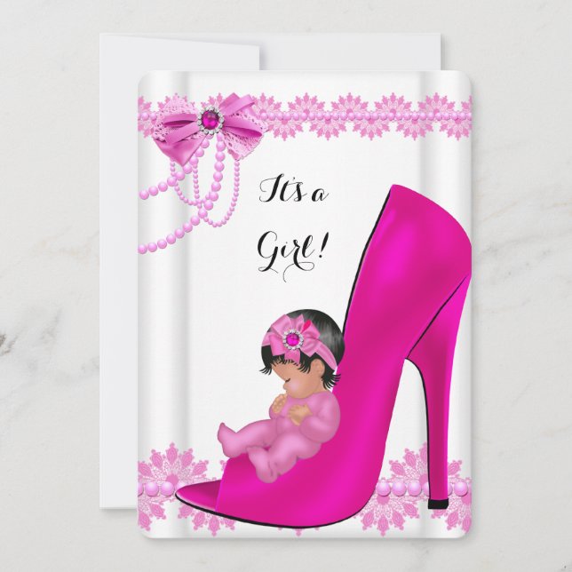 Baby Shower Girl Hot Pink Baby Shoe Lace 2 Invitation (Front)
