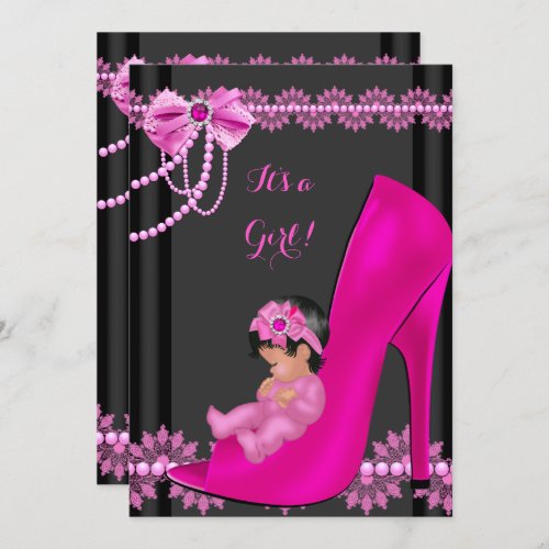 Baby Shower Girl Hot Pink Baby Shoe Lace 3 Invitation