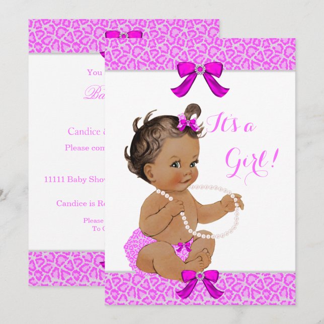 Baby Shower Girl Hot Pink Leopard Pearls Brunette Invitation (Front/Back)