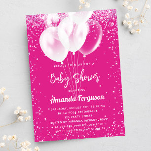 Baby Shower girl hot pink white balloons Invitation Postcard
