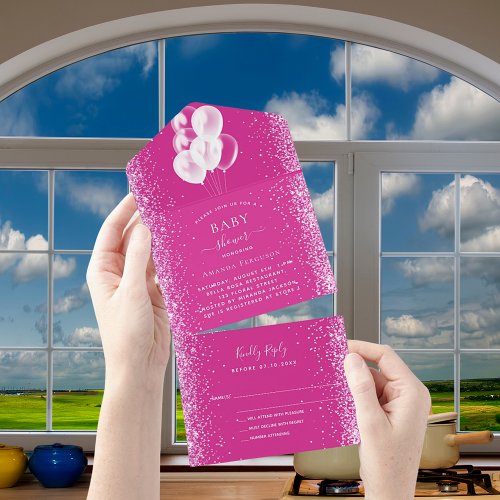 Baby Shower girl hot pink white balloons RSVP All In One Invitation