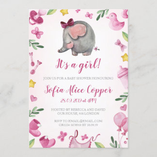 Baby shower girl Invitation | Pink | Elephant