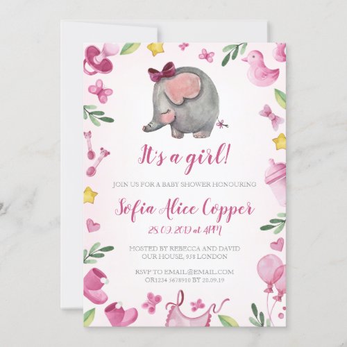 Baby shower girl Invitation  Pink  Elephant