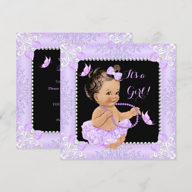 Baby Shower Girl Lavender Butterfly Tutu Brunette Invitation (Front/Back)