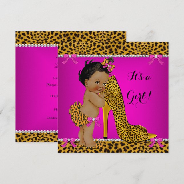 Baby Shower Girl Leopard High Heel Pink Ethnic Invitation (Front/Back)