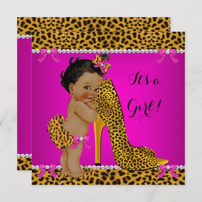 Baby Shower Girl Leopard High Heel Pink Ethnic Invitation (Front/Back)