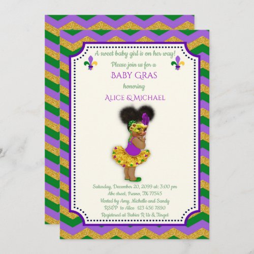 Baby Shower Girl Mardi Gras Girl gold chevron Invitation