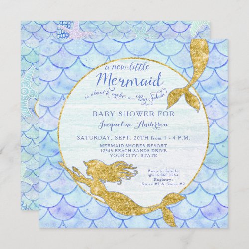 Baby Shower Girl Mermaid Watercolor Scales n Gold Invitation