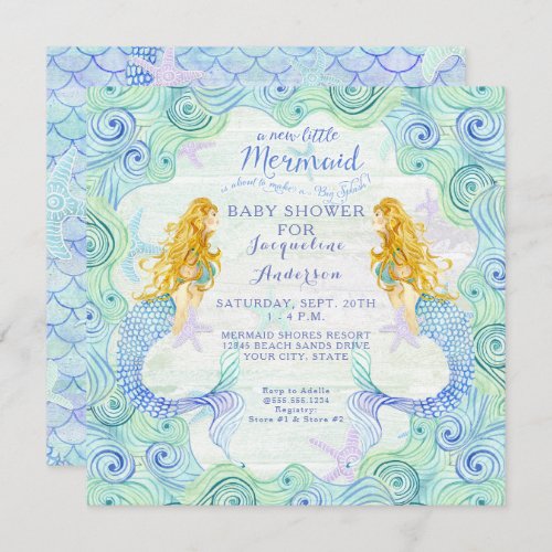 Baby Shower Girl Mermaid Watercolor Waves Wood Art Invitation