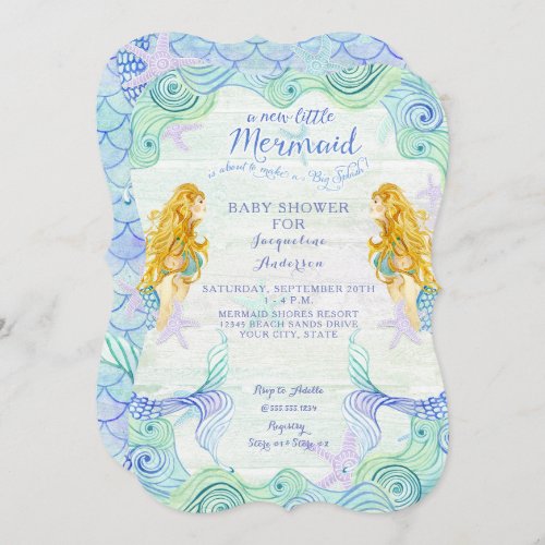 Baby Shower Girl Mermaid Watercolor Waves Wood Art Invitation