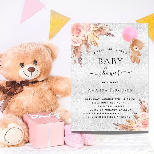 Baby shower girl pampas grass teddy bear silver invitation