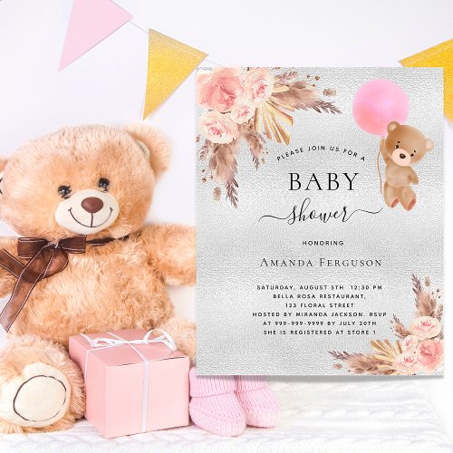 Baby shower girl pampas grass teddy silver budget flyer